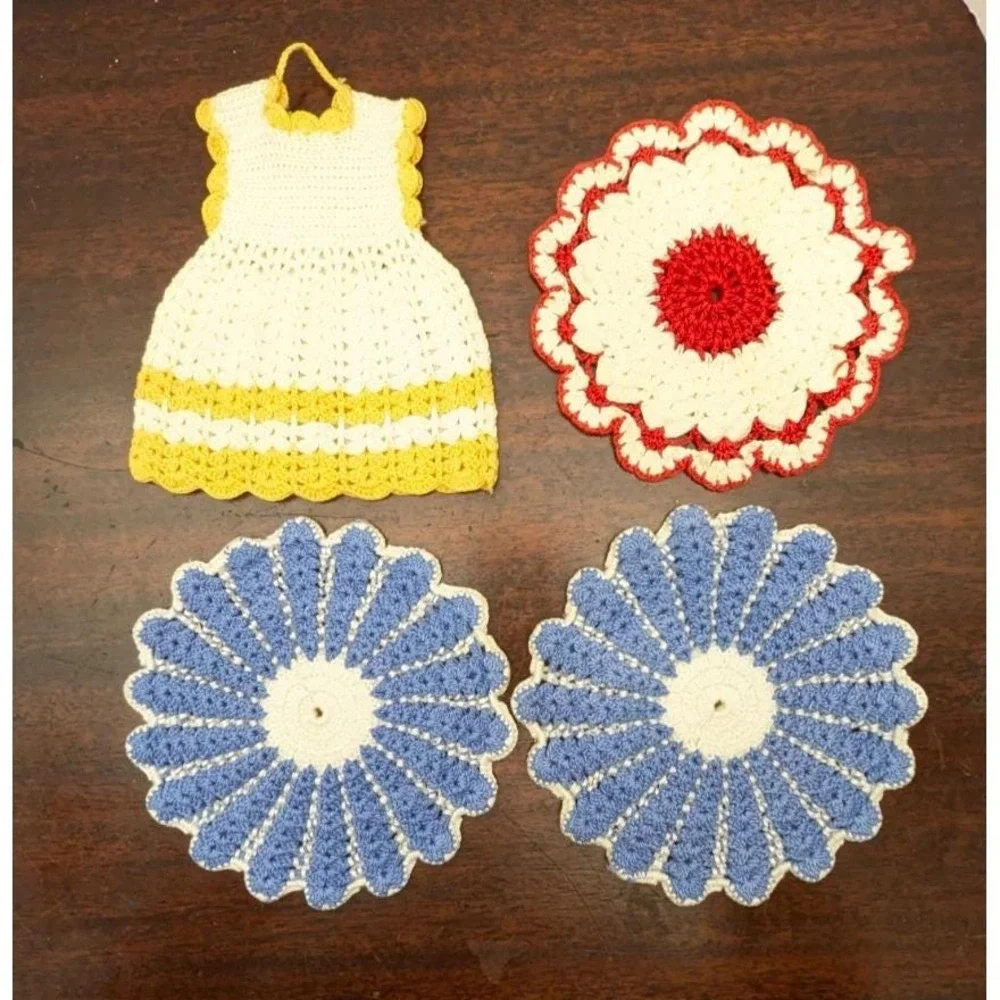 Vintage Handmade Crochet Potholders Lot of 4 Dress Flower Blue Red Yellow Retro
